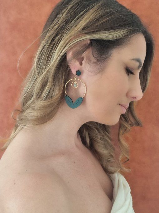 boucles d'oreilles double feuilles bois vert