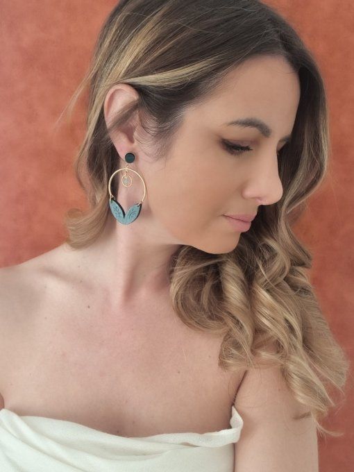 boucles d'oreilles double feuilles bois vert