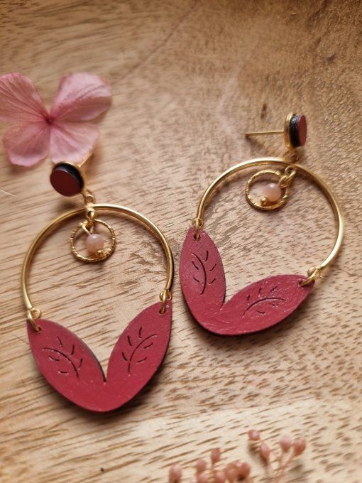 boucles d'oreilles double feuilles bois rouge rosé
