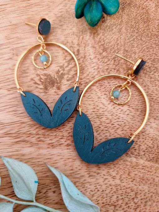 boucles d'oreilles double feuilles bois vert