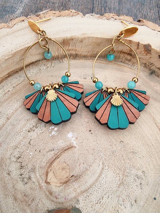 Boucles d'oreilles triple coquillage bois - Copie