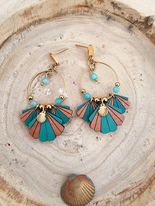 Boucles d'oreilles triple coquillage bois - Copie