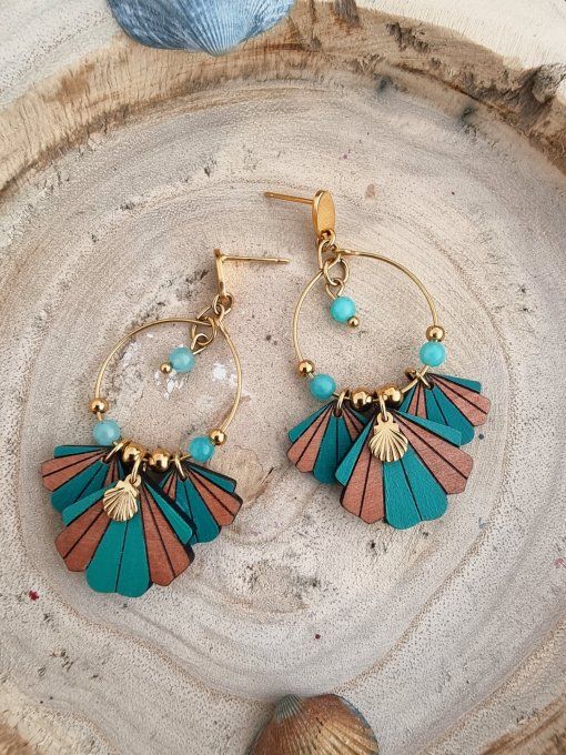 Boucles d'oreilles triple coquillage bois - Copie