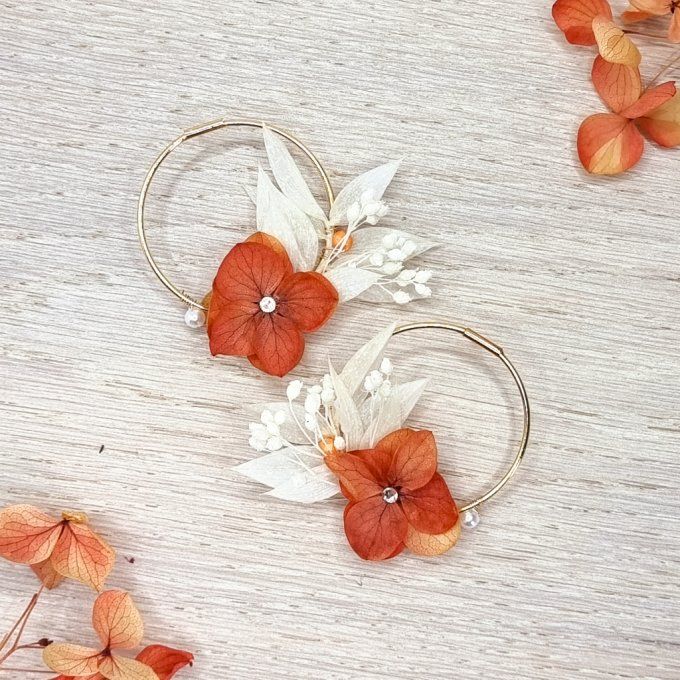 Boucles d'oreilles créoles fleurs hortensia et perle de nacre dorées à l'or fin