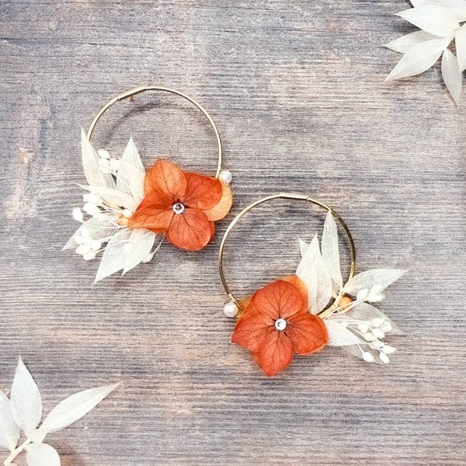 Boucles d'oreilles créoles fleurs hortensia et perle de nacre dorées à l'or fin