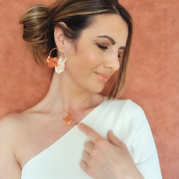 Boucles d'oreilles créoles fleurs hortensia et perle de nacre dorées à l'or fin