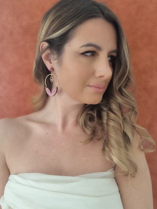 boucles d'oreilles double feuilles bois rouge rosé