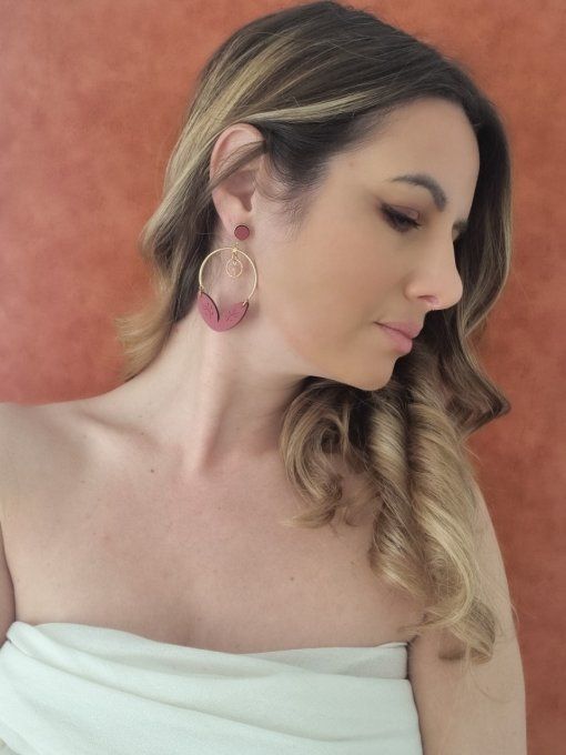 boucles d'oreilles double feuilles bois rouge rosé