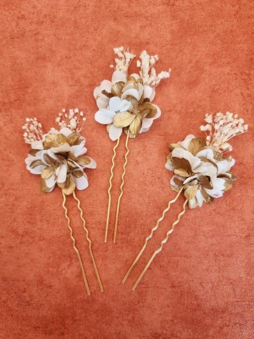 4 pics cheveux fleurs mariage cérémonie blanc et doré